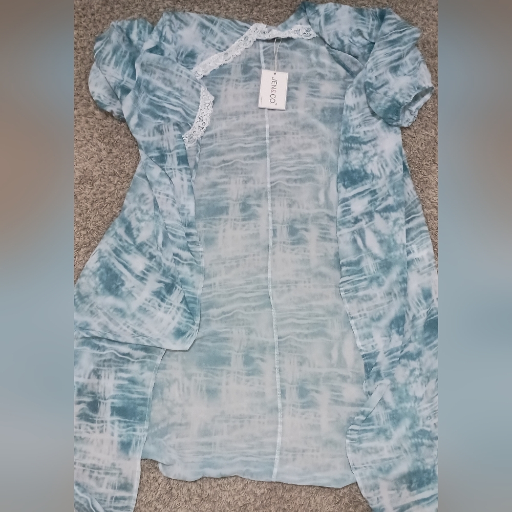 Women's Jen & Co Kimono One Size Color Blue Green White Lacy‎ Trim Soft Beach...